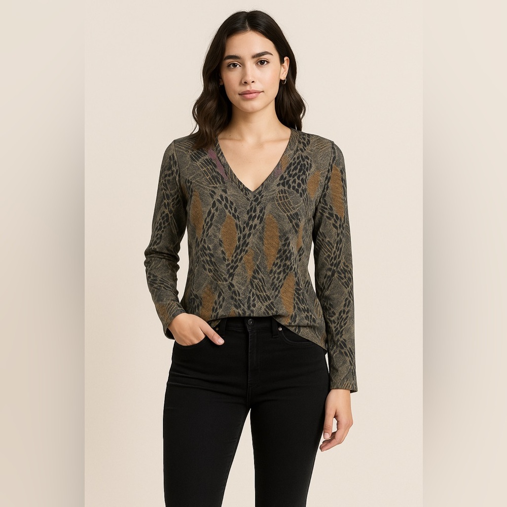 Lapis Abstract Animal Print V-Neck Stretch Top Size M Made in USA